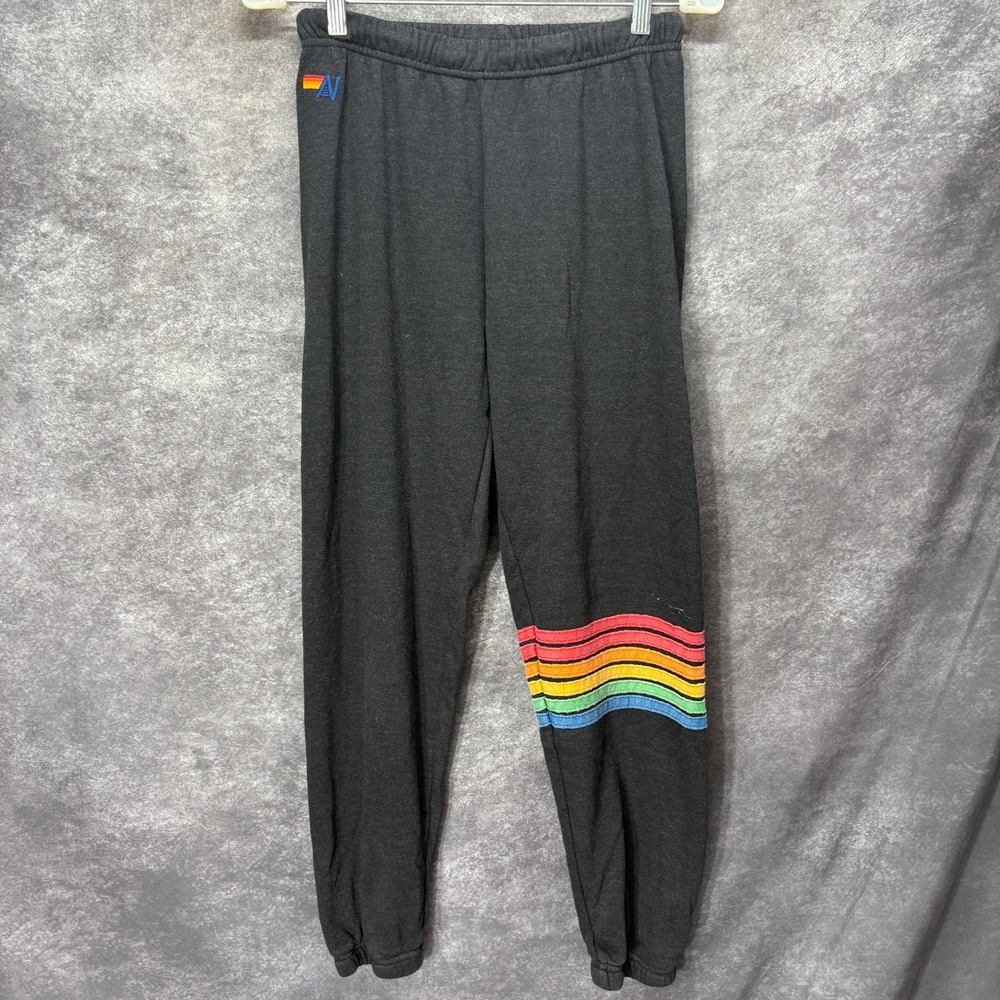 Aviator Nation Rainbow Stitch Stripe Jogger Sweatpants Womens M Charcoal Gray